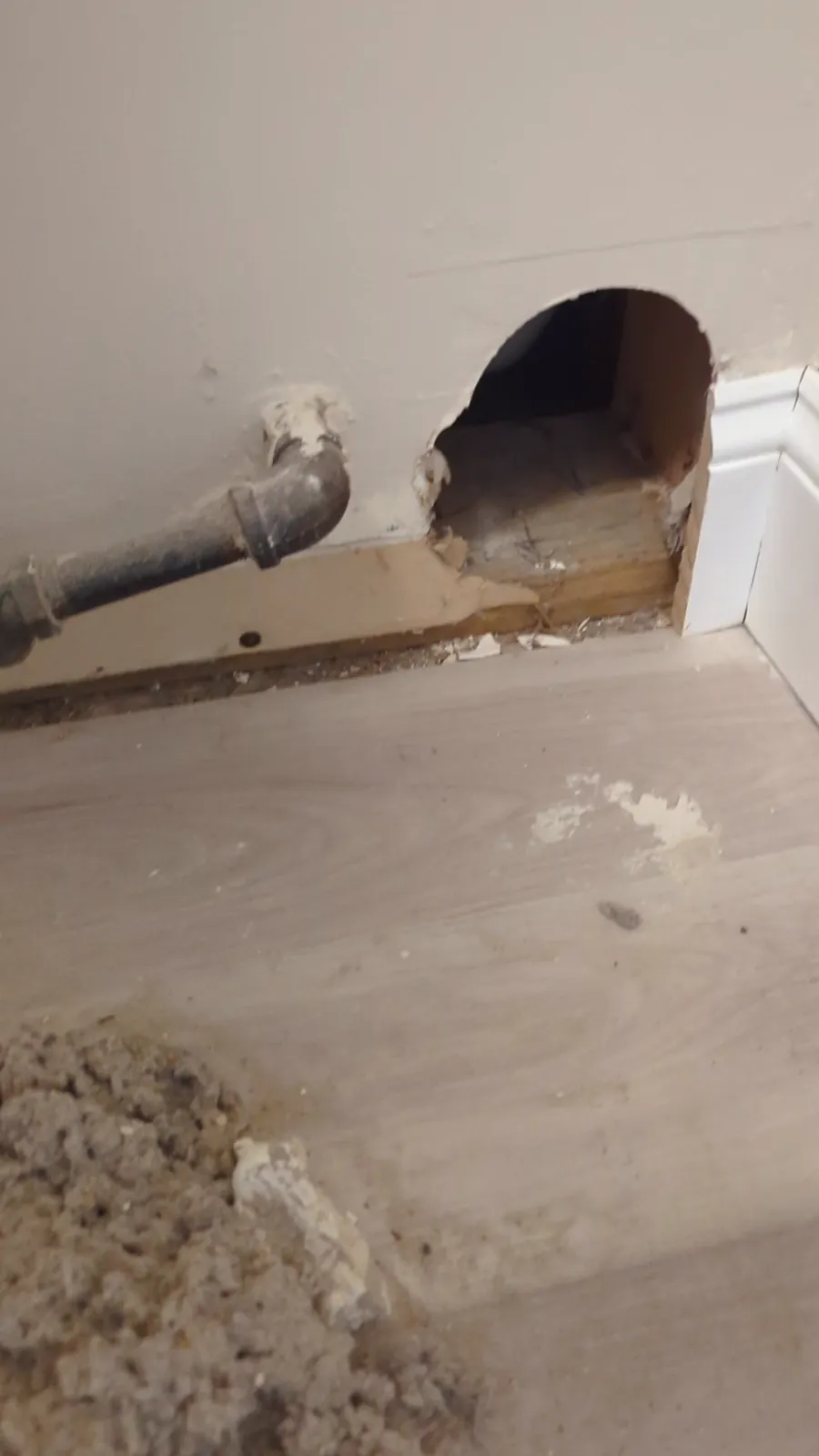 The duct opening inside behind the dryer and the pile of lint on the floor