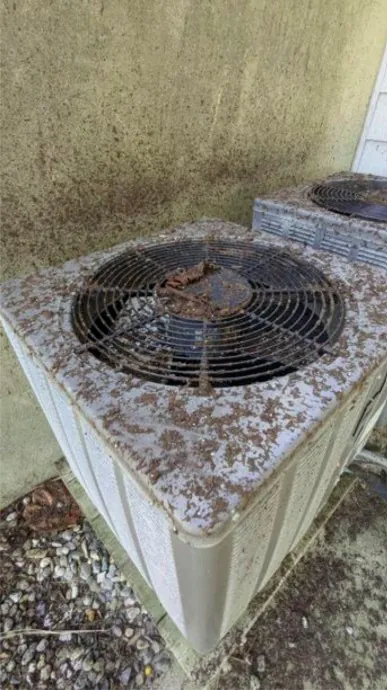 Potting soil packed on top of an AC condensing unit at the White Sands in Seaside Park, NJ, before the cleanout