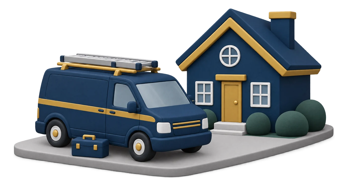 Illustration of a navy work van with a ladder and toolbox outside a house