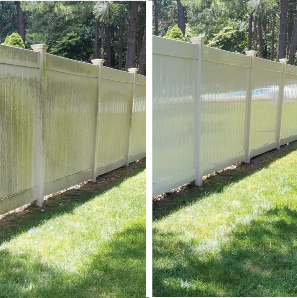 A wood fence before and after power washing by Sterling Properties