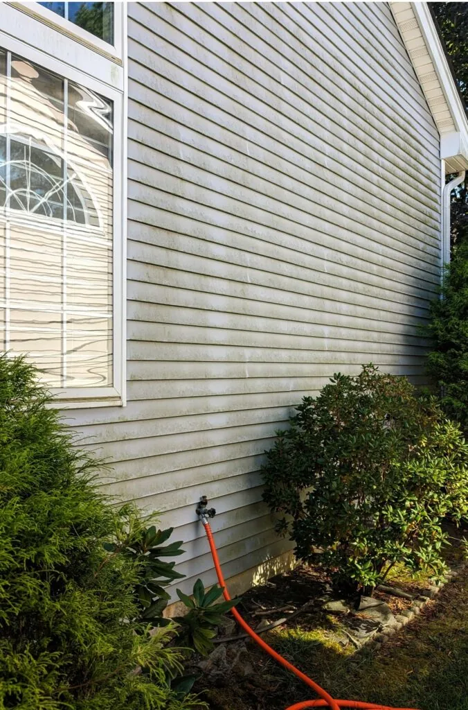 Before: Siding before and after a soft wash. Low pressure and a cleaning solution, then a thorough rinse.