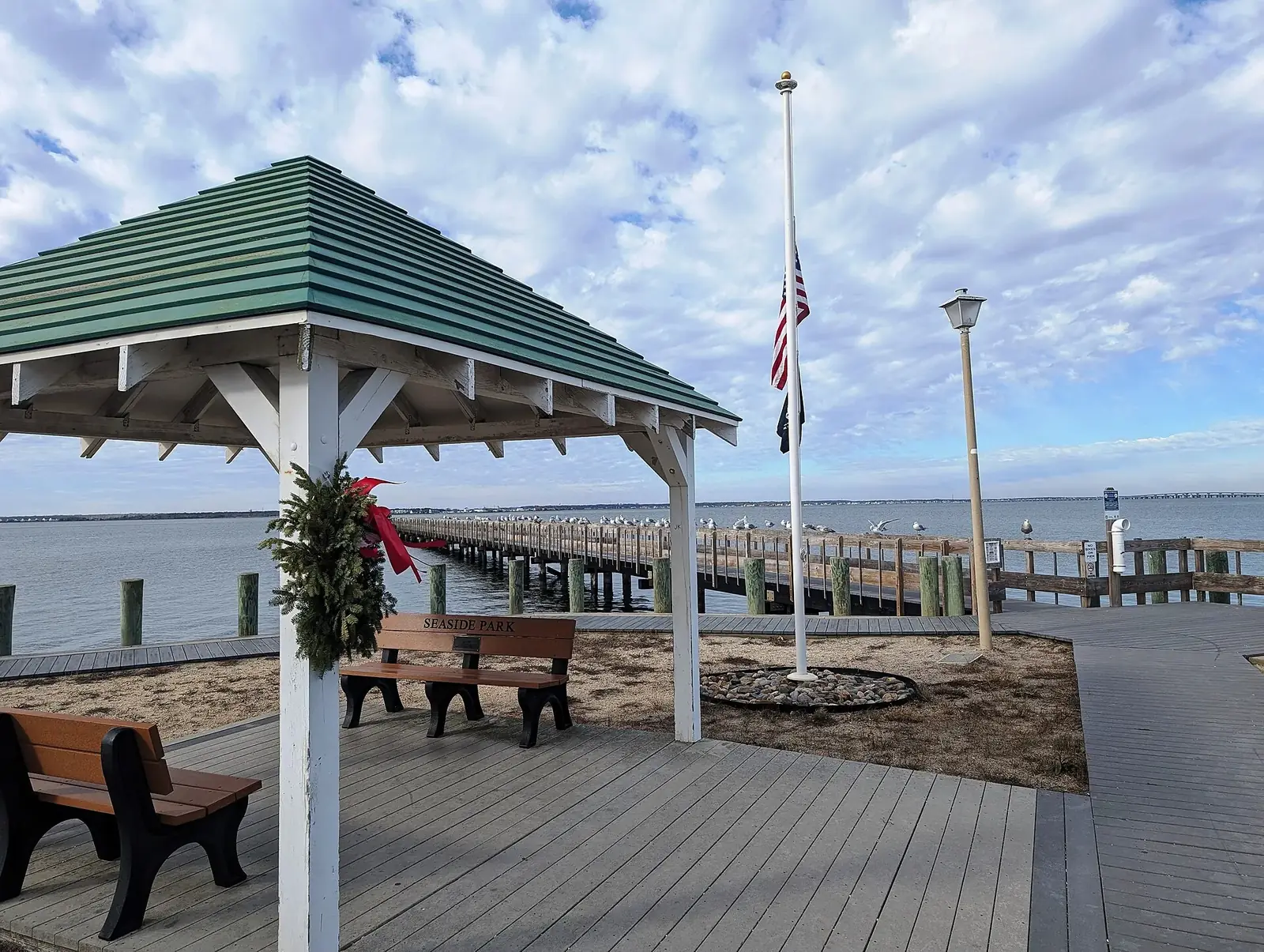 A small bayfront park and fishing pier on Barnegat Bay in Seaside Park, NJ